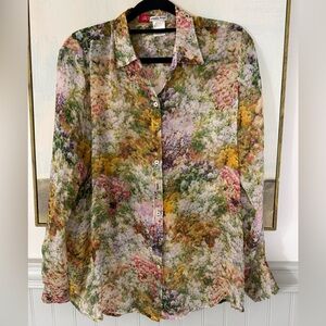 50 CENTO FIRENZE Watercolor Floral Button-Up 100% Silk Blouse Size M